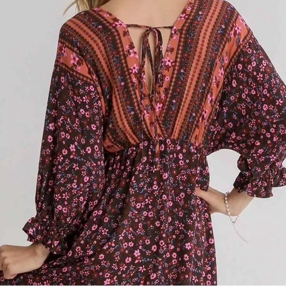 NWT UMGEE Boho Floral Print Tie Back High Low Asymmetrical Hi/Lo Dress - Picture 9 of 10